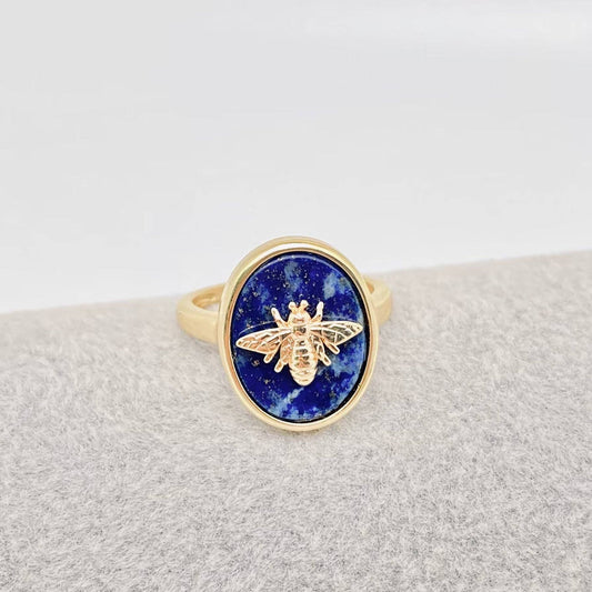 Natural Stone Golden Bee Opening Adjustable Ring - CS: Lapis Lapis