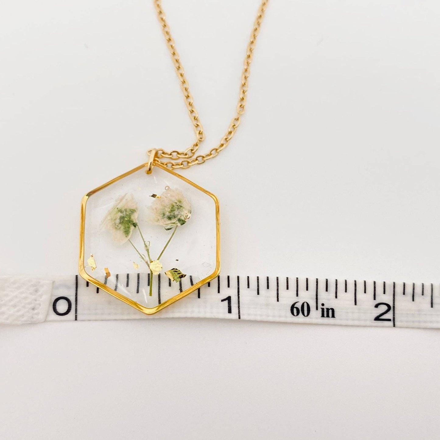 Baby's Breath Dried Flowers Hexagon Charm Necklace - PDF
