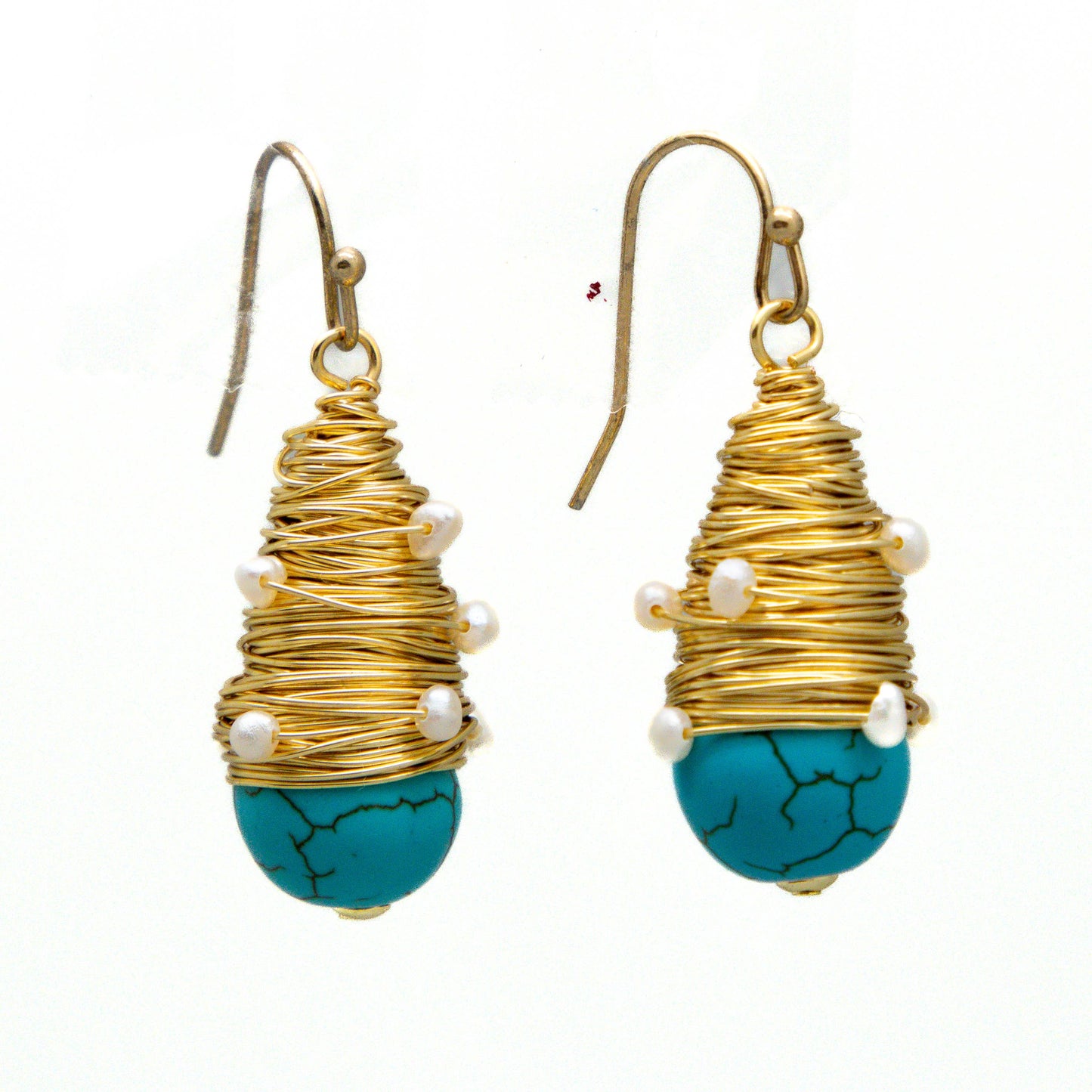 Rant & Rave Classic - Earring Hand Wired Turquoise Drop w/Freshwater Pearls Gold