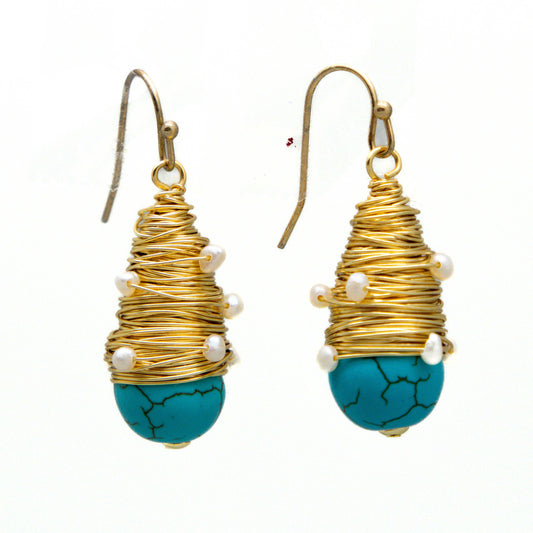 Rant & Rave Classic - Earring Hand Wired Turquoise Drop w/Freshwater Pearls Gold