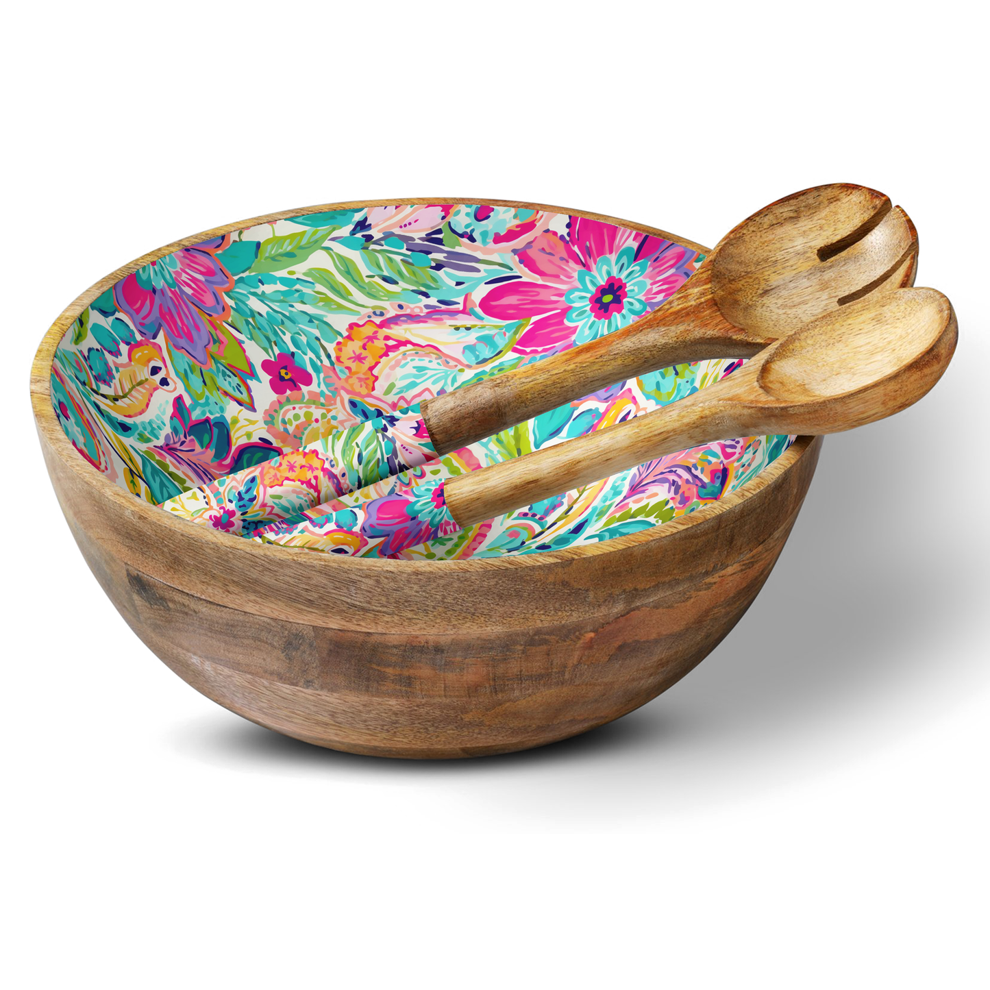 Bright Paisley 12" Wood Bowl w/ Matching Servers