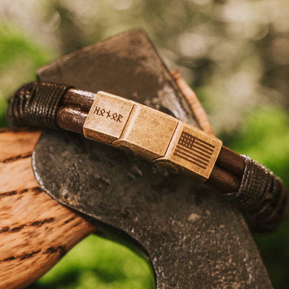 The Hero Company - The Hero Company - Viking  'Attack, Never Yield' Morse Code Leather Bracelet: Helps Pair Veterans With A Service Dog Or Shelter Dog- Faire