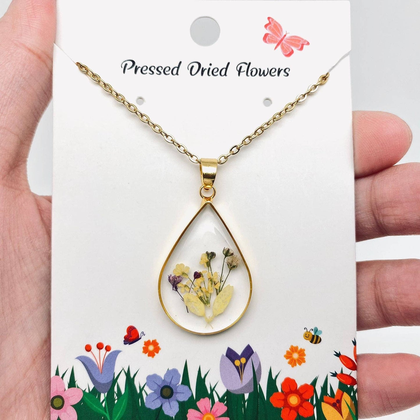 Genuine Pressed Dried Flower Floral Charm Necklace - PDF: Queen Anne's Lace & Lobularia maritima & Fern leaf