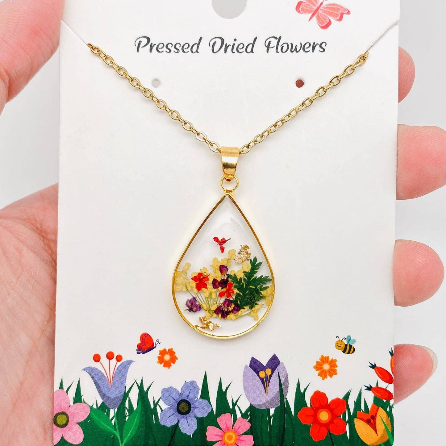 Genuine Pressed Dried Flower Floral Charm Necklace - PDF: Queen Anne's Lace & Lobularia maritima & Fern leaf