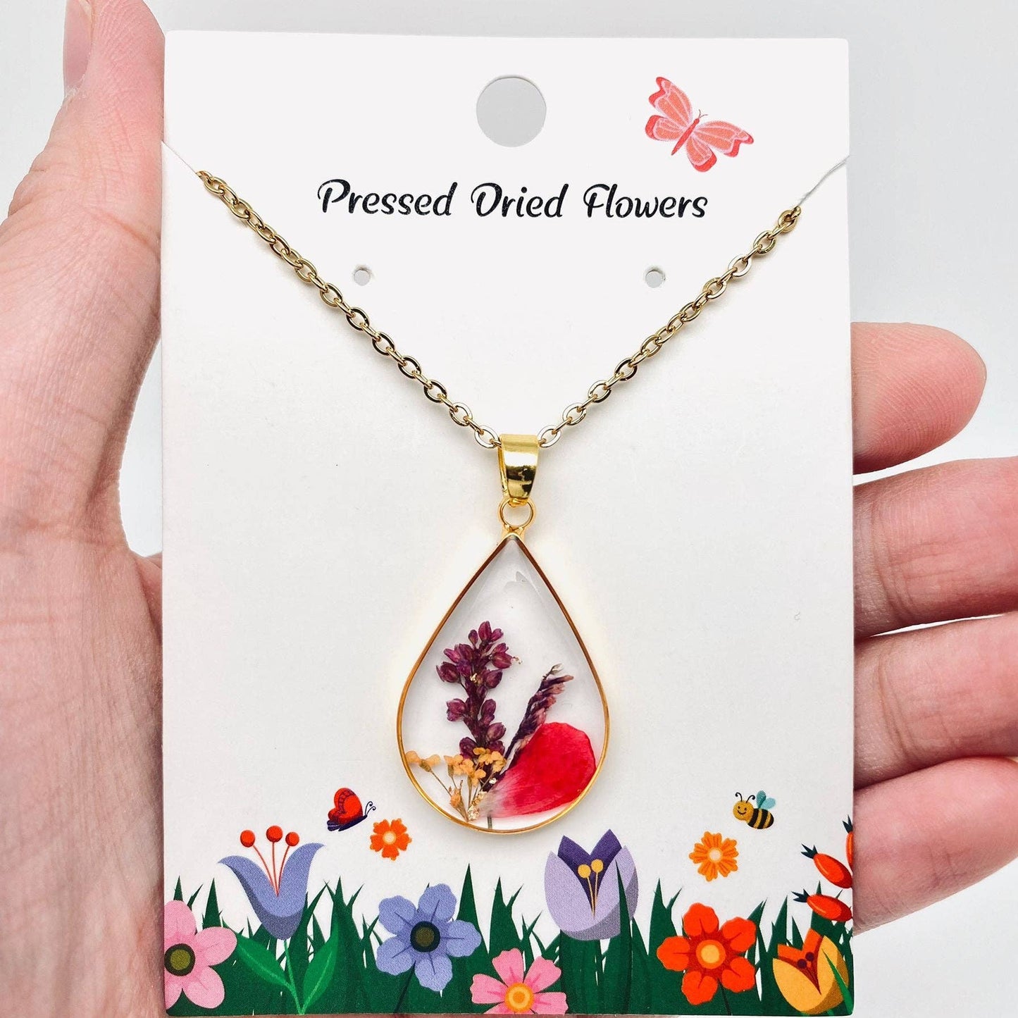 Genuine Pressed Dried Flower Floral Charm Necklace - PDF: Queen Anne's Lace & Lobularia maritima & Fern leaf