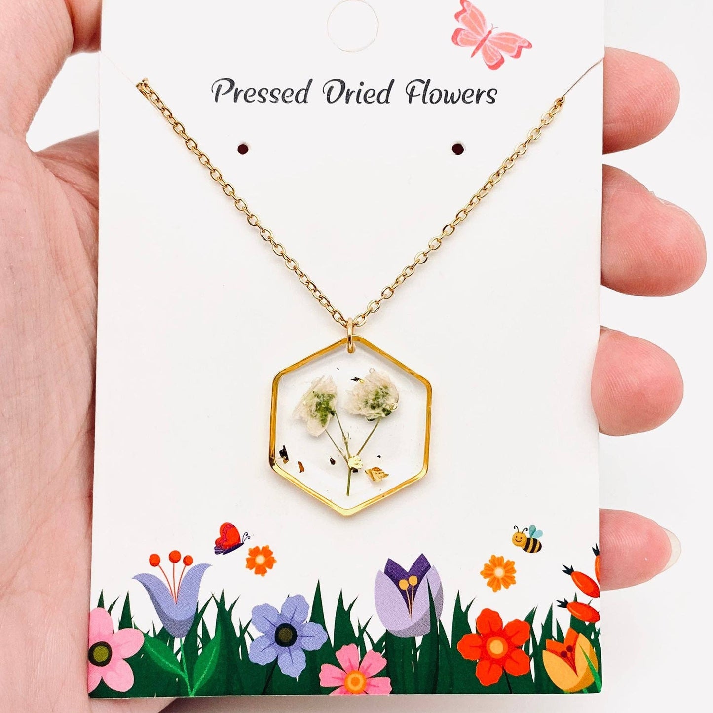 Baby's Breath Dried Flowers Hexagon Charm Necklace - PDF