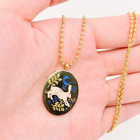 Mio Queena - Painted Enamel Rabbit Oval 18K Gold Plated Necklace - FGS