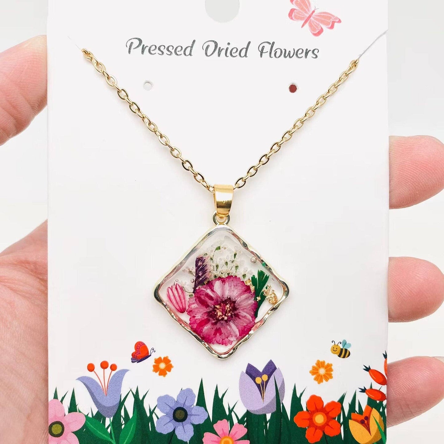 Mio Queena - Floral Square Pendant Pressed Dried Flowers Necklace - PDF: Leucanthemum paludosum