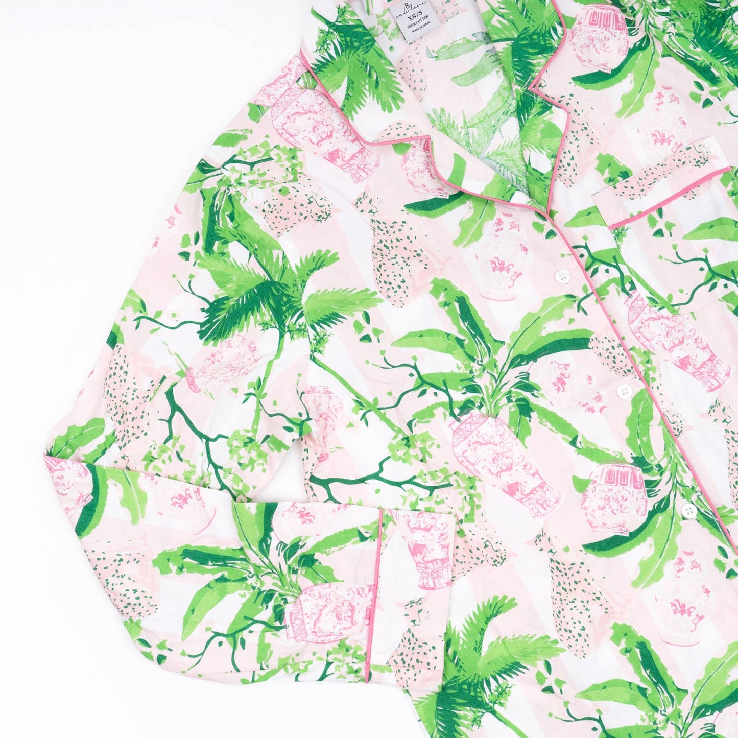 8 Oak Lane - Pink Leopard Palm PJ Set with Shorts & Long Sleeve Top: XS/S