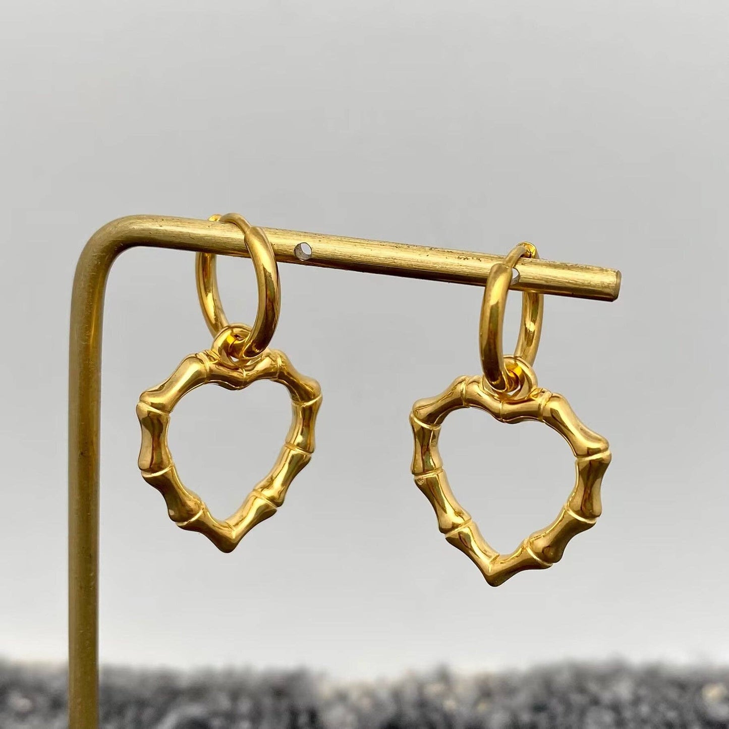 Mio Queena - Hollow Bamboo Heart 18K Golden SS Huggie Earrings - FGS