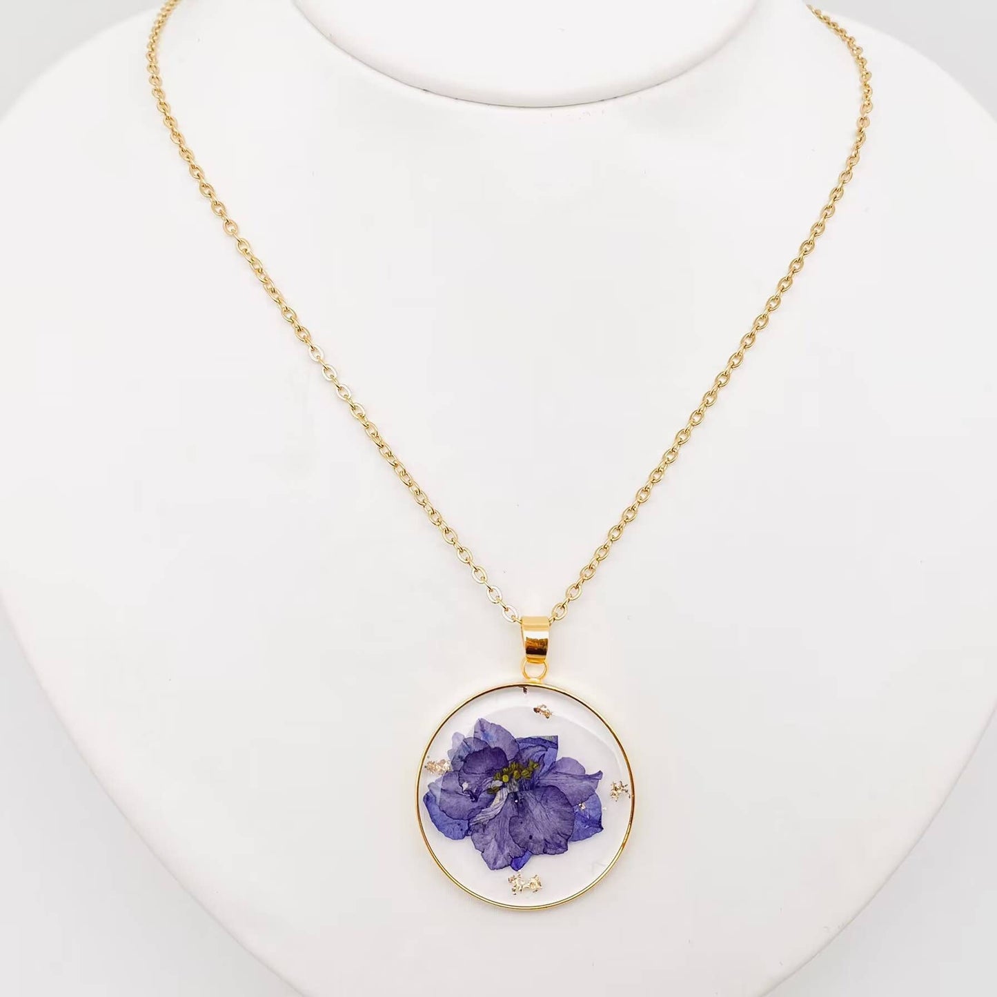 Mio Queena - Delphinium Pressed Dried Flower Pendant Necklace - PDF