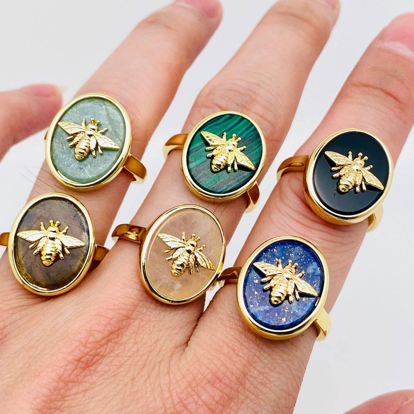 Natural Stone Golden Bee Opening Adjustable Ring - CS: Obsidian