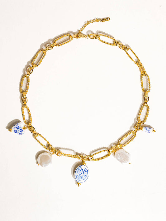Flânerie by MAIQ - Riela 18K Gold Non-Tarnish Ceramic Floral Chain Necklace: Blue