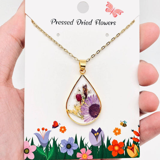 Genuine Pressed Dried Flower Floral Charm Necklace - PDF: Chrysanthemum & Queen Anne's Lace & Caspia