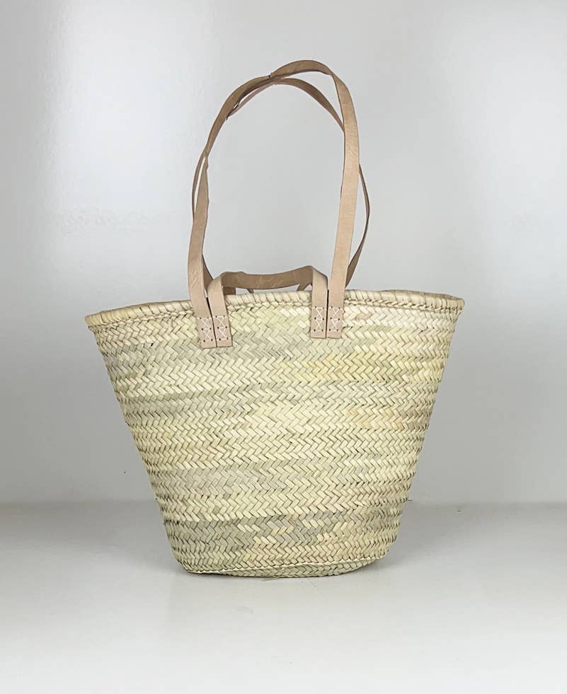 Handmade Straw Bag with Leather - French Market Chic: Brown leather strap