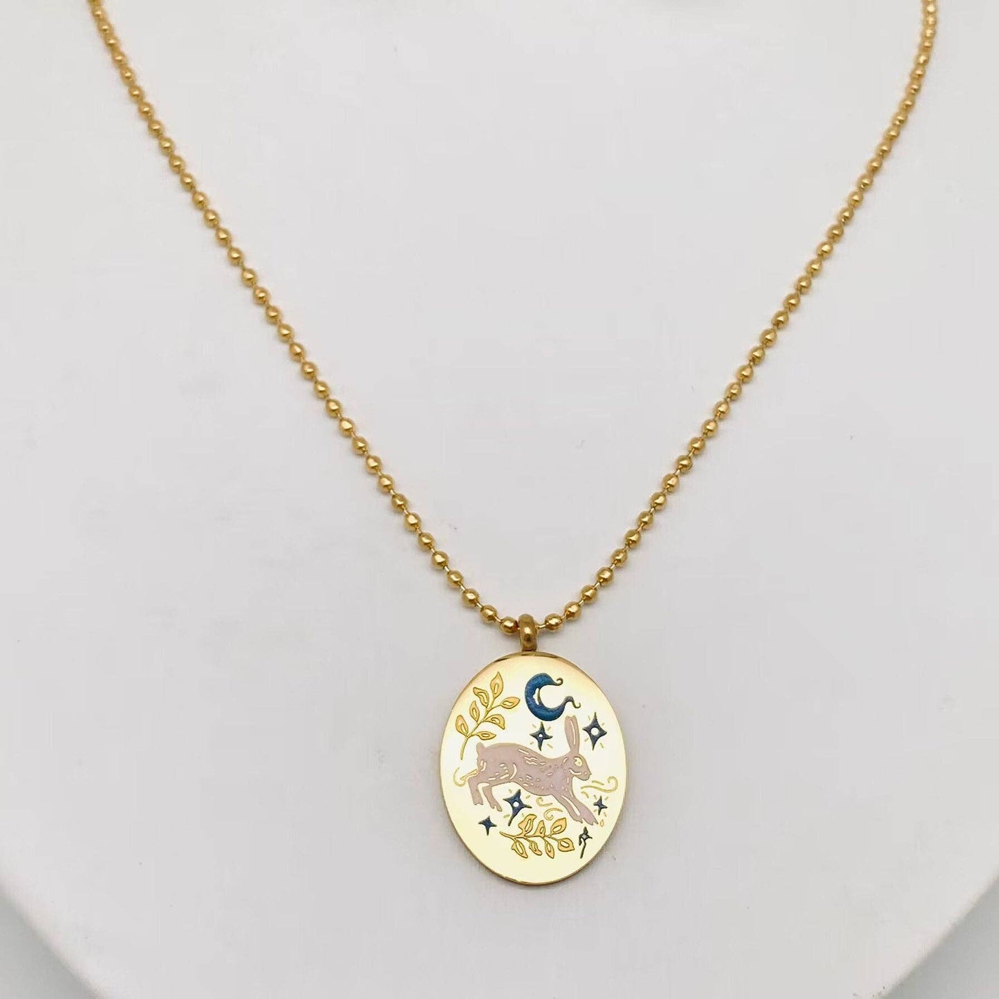 Mio Queena - Painted Enamel Rabbit Oval 18K Gold Plated Necklace - FGS