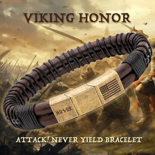 The Hero Company - The Hero Company - Viking  'Attack, Never Yield' Morse Code Leather Bracelet: Helps Pair Veterans With A Service Dog Or Shelter Dog- Faire