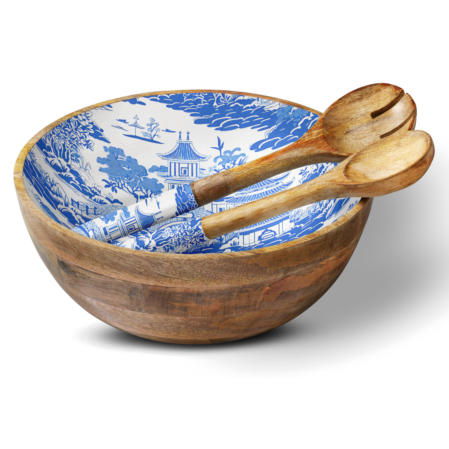 Blue Chinoiserie 12" Wood Bowl w/ Matching Servers