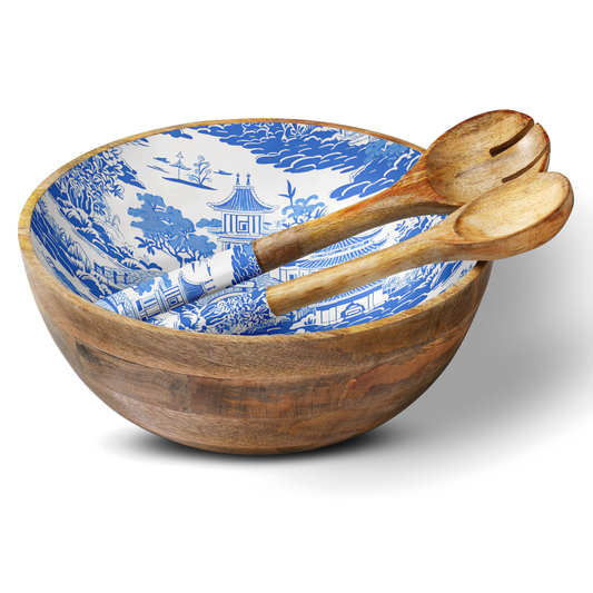 Blue Chinoiserie 12" Wood Bowl w/ Matching Servers