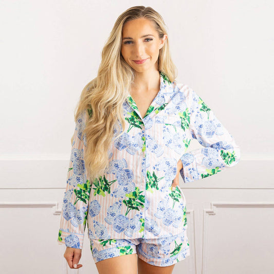 8 Oak Lane - Ginger Fig Stripe PJ Set with Shorts & Long Sleeve Top: L/XL