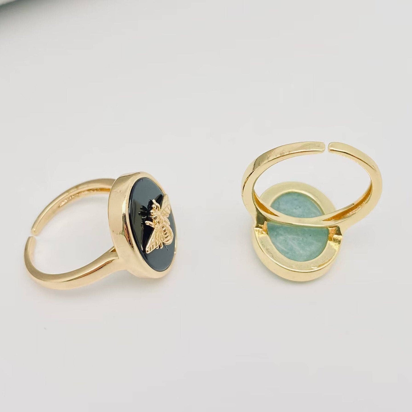 Natural Stone Golden Bee Opening Adjustable Ring - CS: Malachite