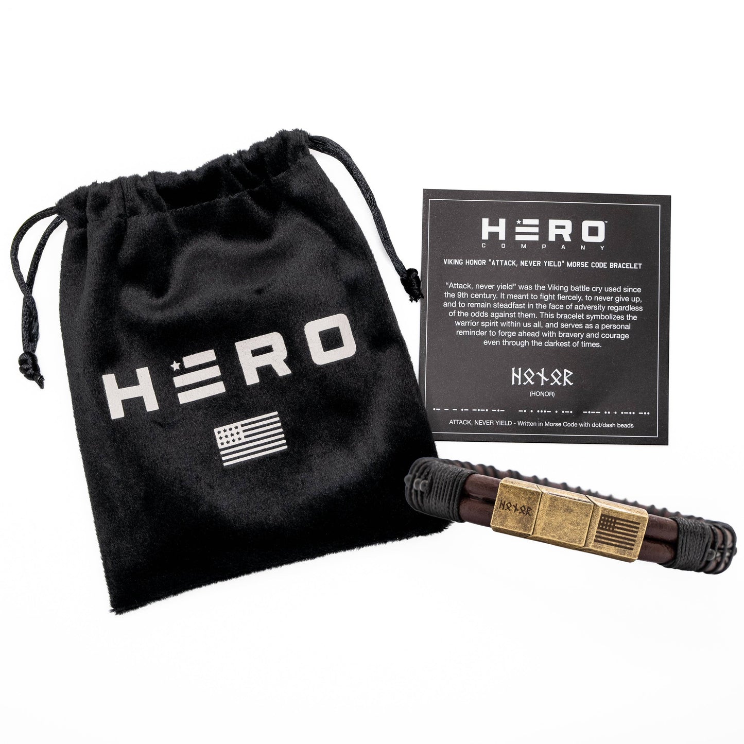 The Hero Company - The Hero Company - Viking  'Attack, Never Yield' Morse Code Leather Bracelet: Helps Pair Veterans With A Service Dog Or Shelter Dog- Faire