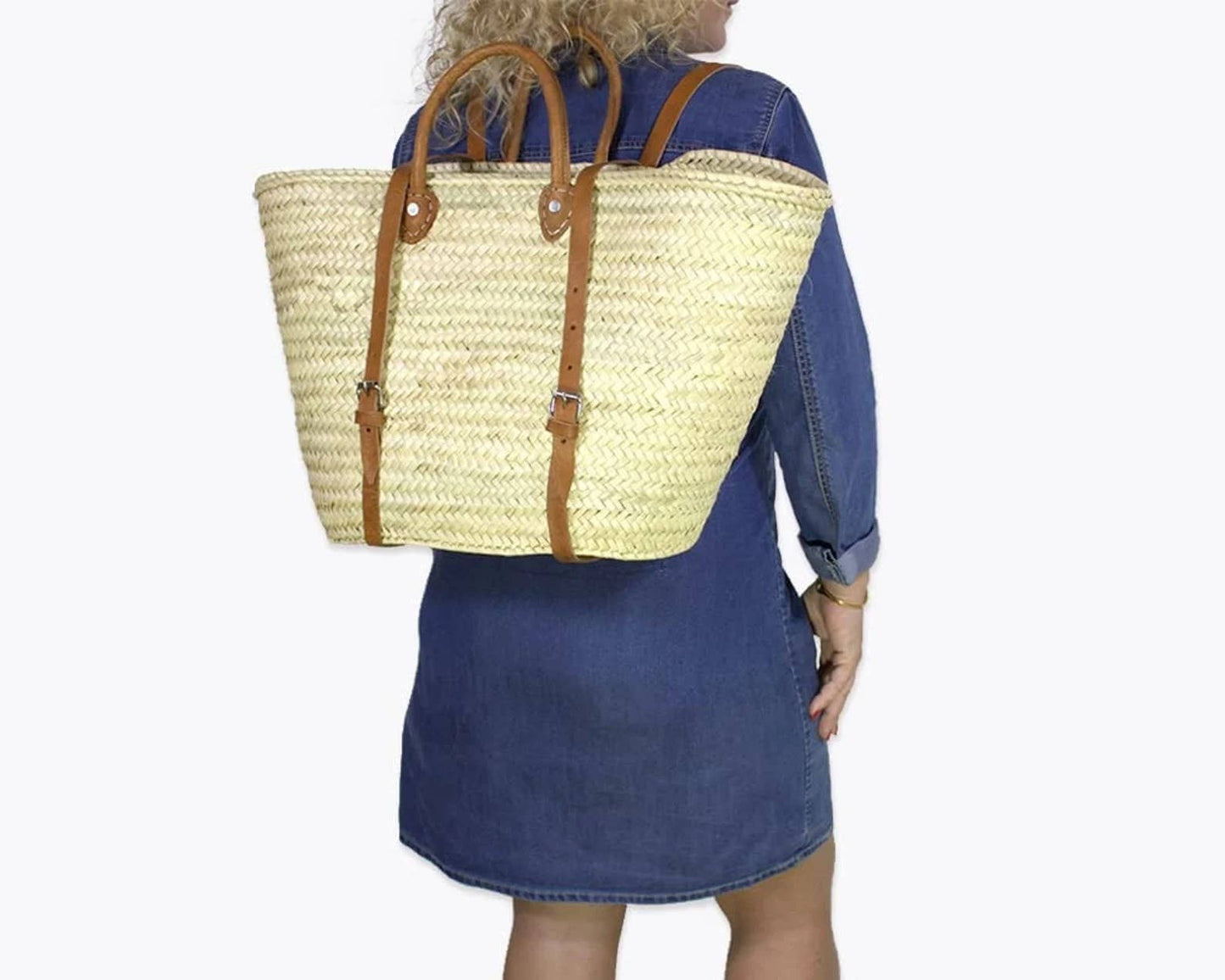 Market basket STRAW BAG Handmade with leather, French Market: Caramel