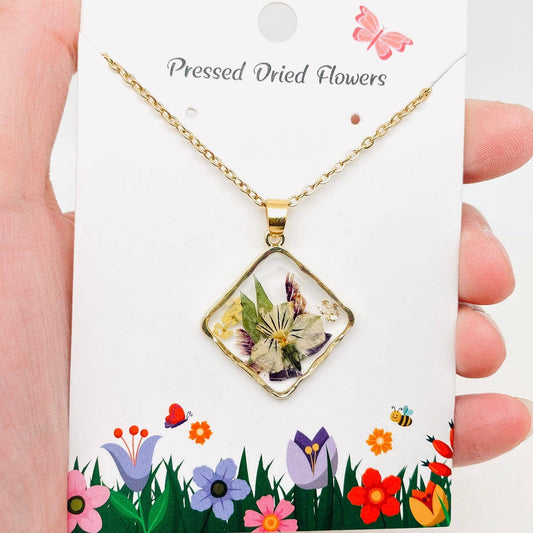 Mio Queena - Floral Square Pendant Pressed Dried Flowers Necklace - PDF: Wild pansy & Fern leaf & Caspia