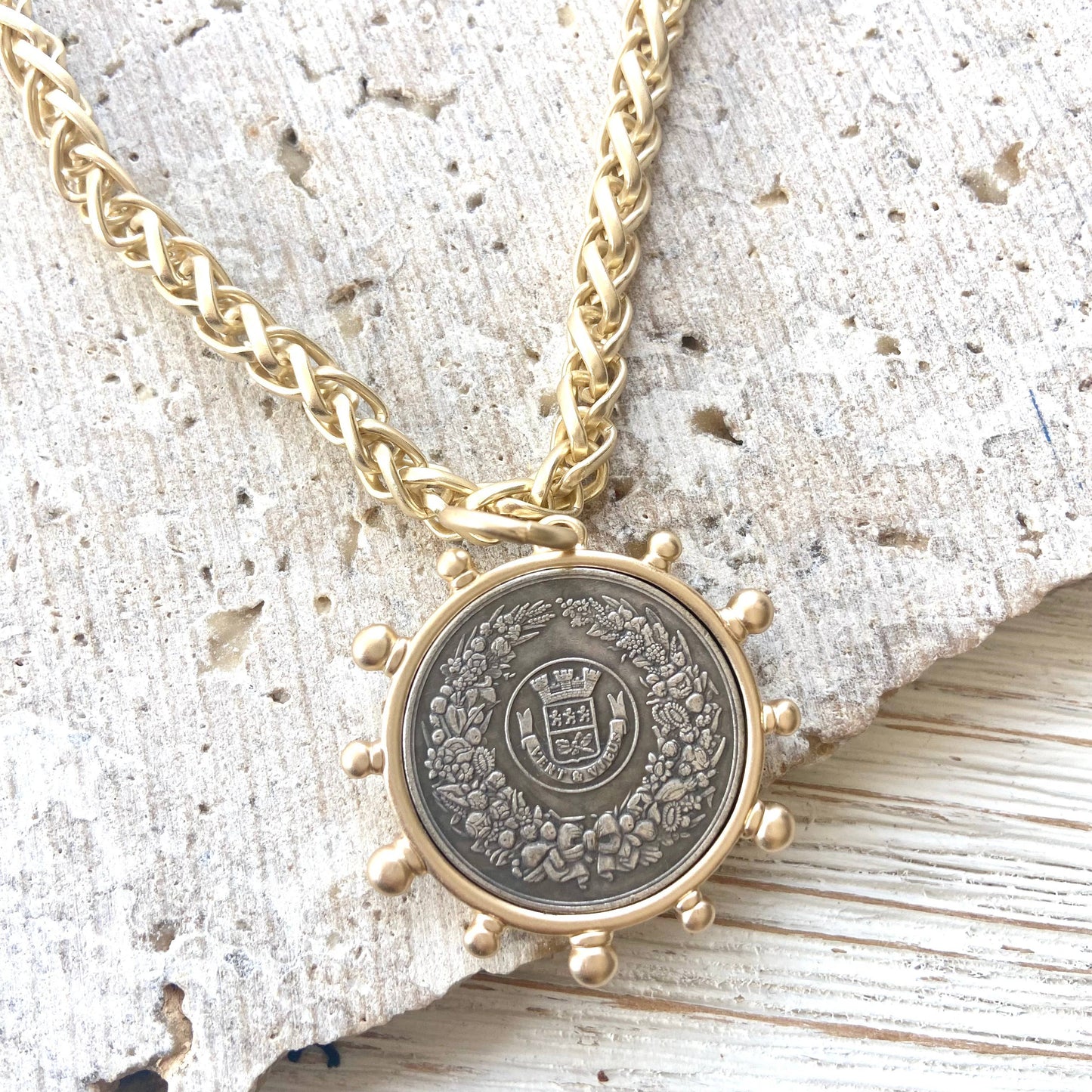 Matte gold horse French Bee coin necklace boutique: Horse