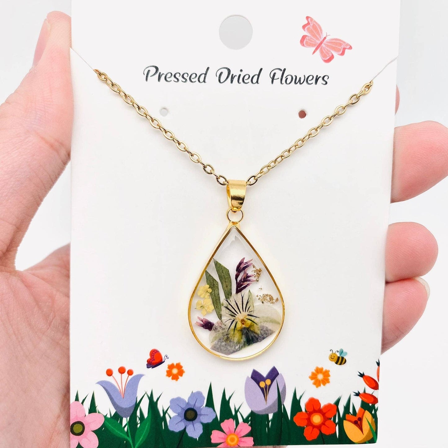 Genuine Pressed Dried Flower Floral Charm Necklace - PDF: Wild pansy & Caspia & Leaf