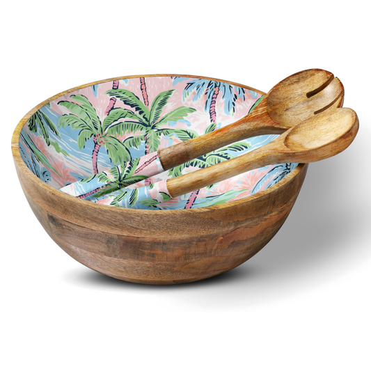 Pink Palm 12" Wood Bowl w/ Matching Servers