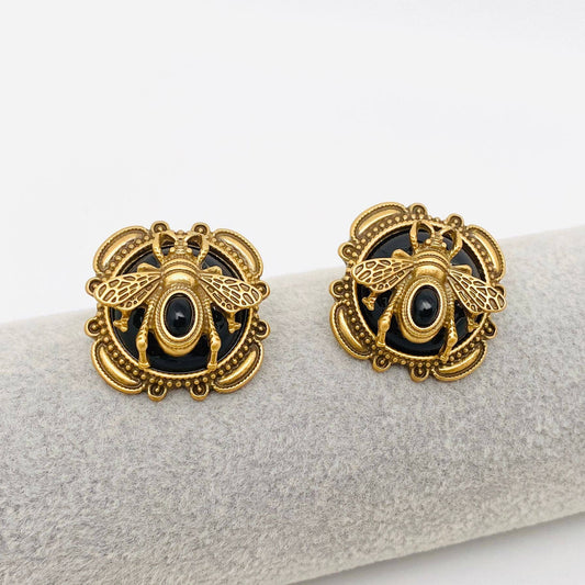 Vintage Cat's Eye Stone Bee Post Stud Earrings: Black