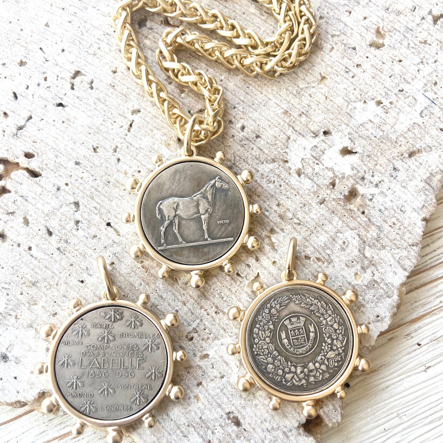 Matte gold horse French Bee coin necklace boutique: Horse