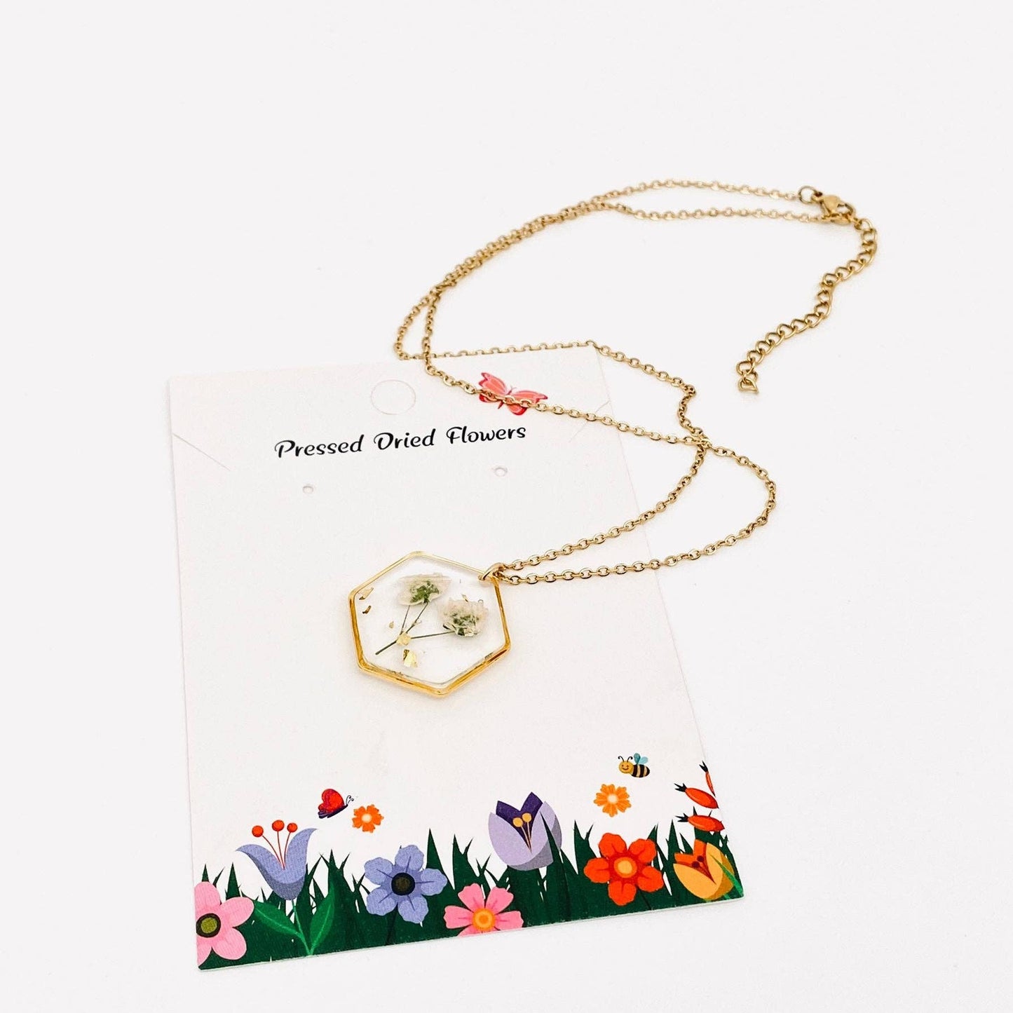 Baby's Breath Dried Flowers Hexagon Charm Necklace - PDF