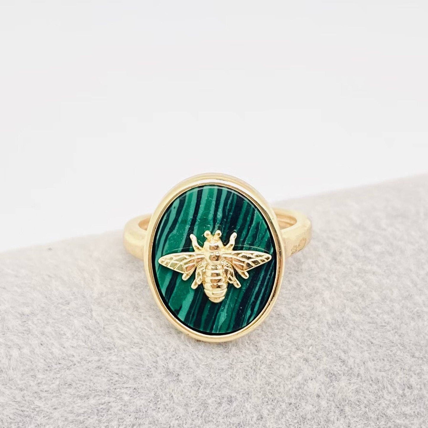 Natural Stone Golden Bee Opening Adjustable Ring - CS: Malachite