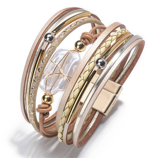 Mio Queena - Pearl Charm Leather Bracelet with Magnetic Buckle - LB: Khaki